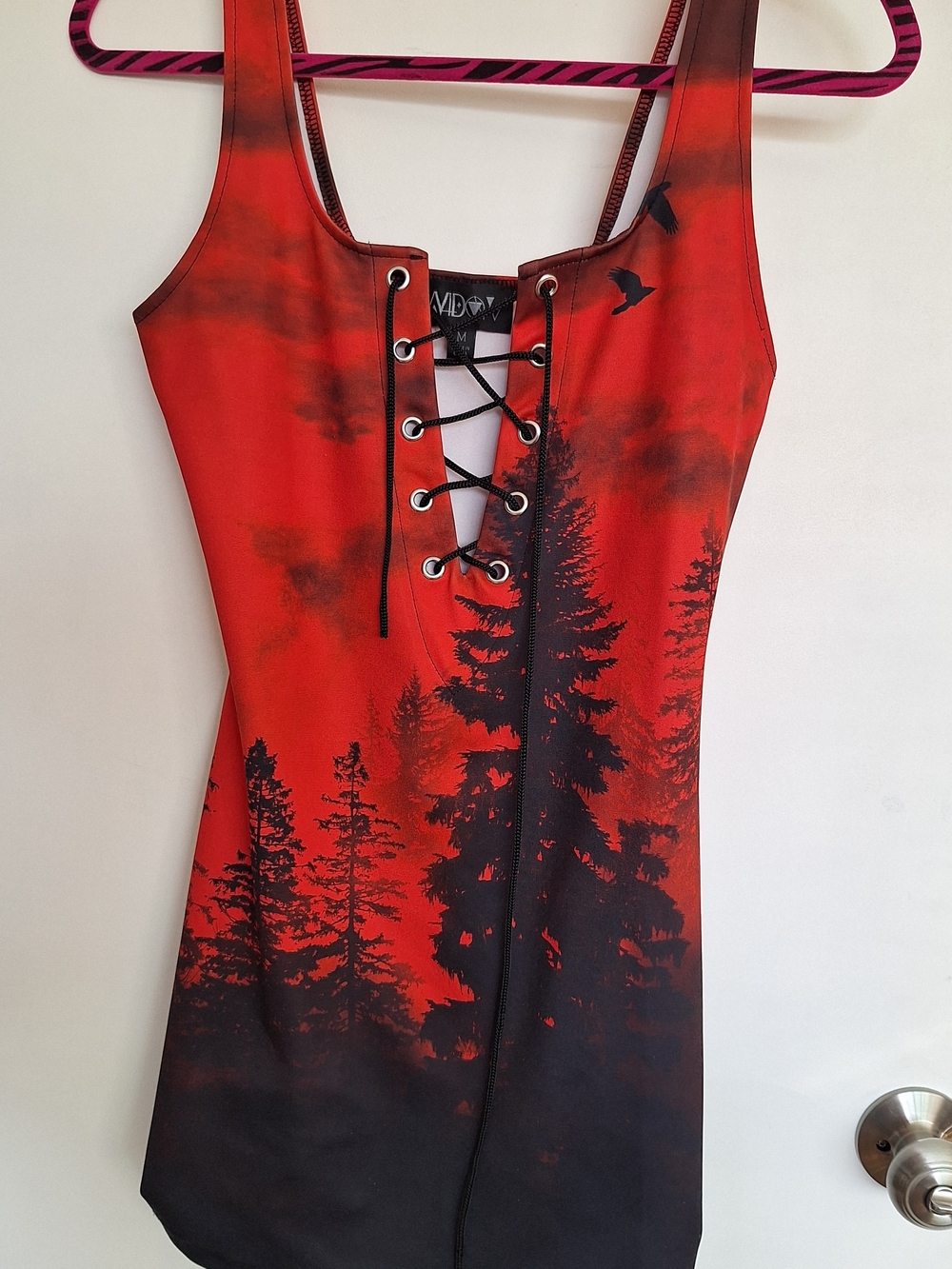 WIDOW Dolls Kill Red & Black Forest Lace-Up Bodycon Dress Stretchy Goth Sz M - Picture 7 of 8